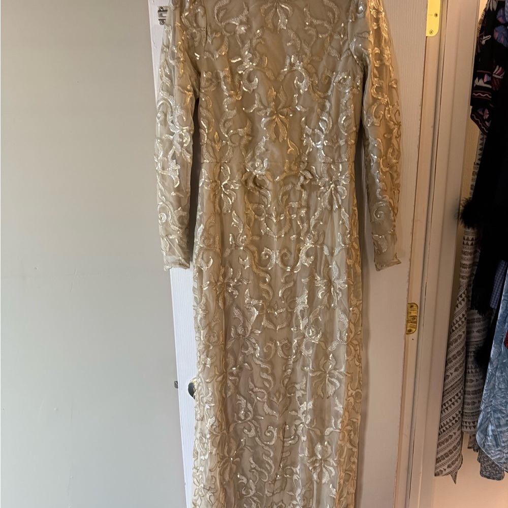 Gold Long Sleeve Embroidered Evening Gown